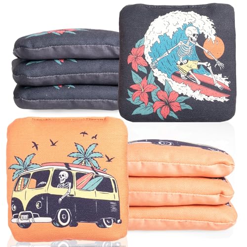 Play Platoon Pro Cornhole Bags Set of 8 - Professional Dual Sided Slick and Sticky Side Competition Corn Hole Bags - Tournament Series - color: Black / Orange Skeleton Surf