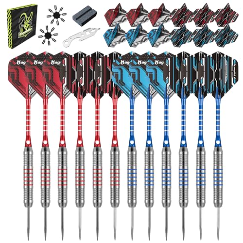 Darts Metal Tip Set 12pcs+24pcs Dart Flights+Dart Accessories Kit.Professional Steel Tip Darts - color: red and white
