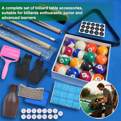 Pool Table Accessories - Pool Balls Billiard Set - Including Billiard Balls, Triangle Rack, Cues, Tips, Stickers, Table Cloth, Brush & Cleaner for Home Family Beginner Practice