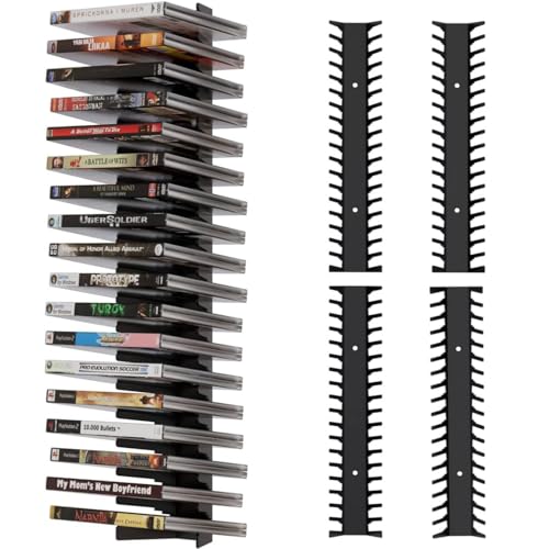 4-Pack Video Game Storage Wall Mount, Black Metal Shelves with 8 Screws & 8 Plastic Expansion Tubes, Media Storage Holds 72 Discs Fit for PS, Xbox, Switch