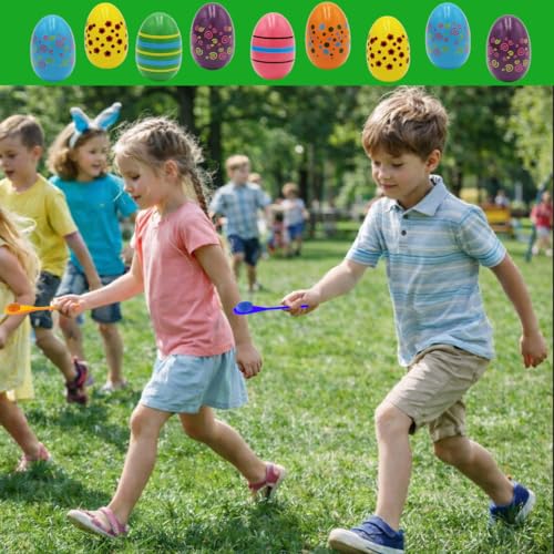 Painted Easter Egg and Spoon Race Game Set, Family Game for Kids & Family Activity Holiday Outdoor Yard Easter Egg Hunt Birthday Party Front Lawn - style: 48 Players