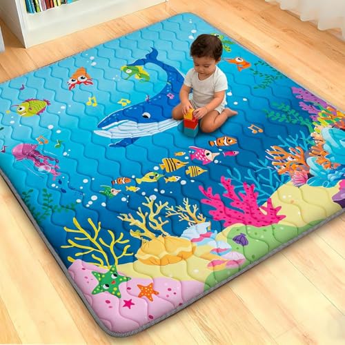 RONGFA Baby Play Mat for Floor, 50'' x 50'' Thicken Foam Soft Padded Mat for Baby, Playpen Mat for Toddlers Infant Kids, Machine Washable, Non-slip Bottom Safe for Crawling (Sea) - color: Sea, size: 50"×50"