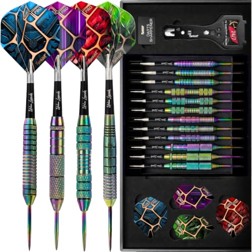 Steel Tip Darts, 12 Pack, 4 Weights, Multi-Zone Grips, Urban Legends | 1.4in TwinForce shafts, 32 GlideXPro flights, 12 flight protectors, sharpener, wrench, magnetic gift box, 10-yr warranty - color: Vegas Lights