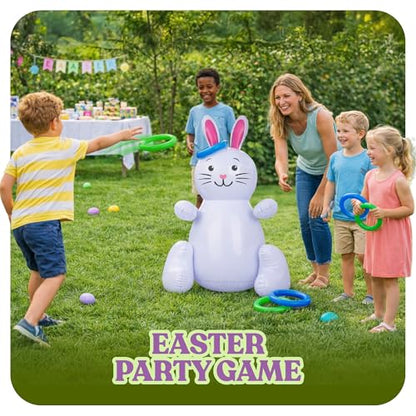 ArtCreativity 30" Easter Bunny Inflatable Ring Toss Game for Kids and Adults, 6 Rings, Weighted Bottom, Family Outdoor Party, White