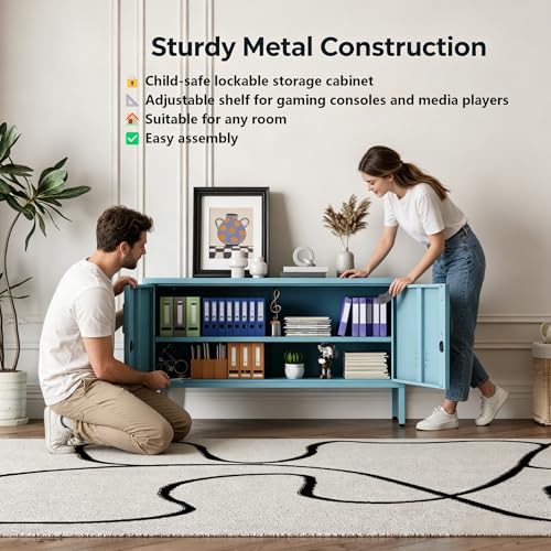 Blue Metal Accent Cabinet Locker with Lock, 2-Door Wide Storage Cabinet, Adjustable Shelves, Multifunctional TV Stand & Entertainment Center for Bedroom, Living Room - color: Ocean, style: TV stand-24"H-LK