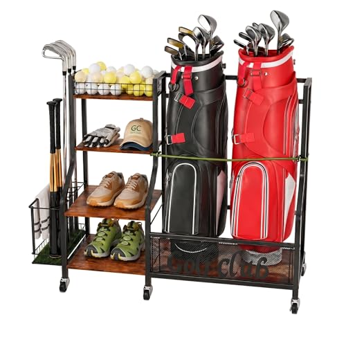 HavenlyYouth Golf Bag Storage Organizer for Garage – Fits 2 Bags, 360° Swivel Wheels, Wood Shelves, Anti-Tip Straps