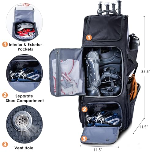 Rolling Baseball Bag With Wheels, Seperate Shoe Compartment and Fence Hook - Large Softball Bag for T-Ball - Team Equipment Duffle Bag - Catcher Gear Bag for Boys 8-12, Youth, Adults - color: Black