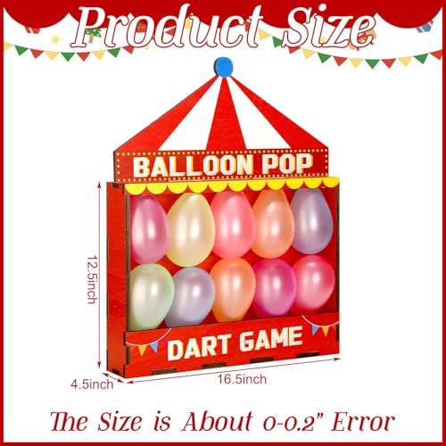 Seenelling Balloon Dart Carnival Game Set Carnival Themed Wooden Box with 500 Balloon 8 Colorful Darts Adhesive Dots for Booth Game Birthday Party Backyard Lawn Event 16.5'' x 12.5'' x 4.5''