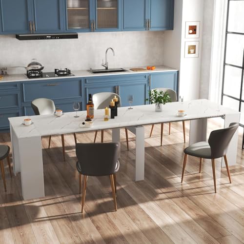 20"-118" White Marble Extendable Dining Table for 2-12 People, Modern Modular Extension Table, Space-Saving Extra Long Folding Dining Table, Multifunctional Conference Meeting Table - color: White Marble, style: 20" - 118.5" (2-12 People)