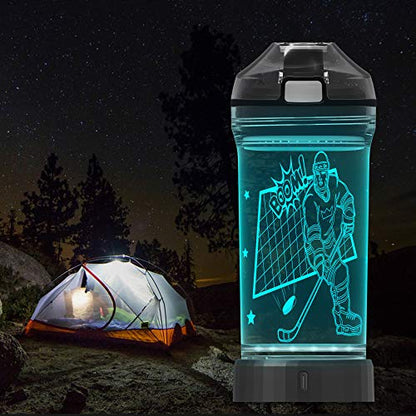 Lightzz Kids Water Bottle with 3D Glowing Hockey LED Light - 14 OZ Tritan BPA Free - Creative Ideal Travel Cup Gift for School Kid Boy Child Holiday Camping