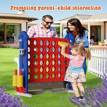 4-to-Score Giant Game Set, 4-in-1 Indoor Outdoor Yard Family Connect Game (4-in-a-Row + Basketball + Ring Toss + Mini Golf), Height Adjustable 2.5–3.3FT, Includes Carry Bag - size: 43"x16"x38"-Blue&Red