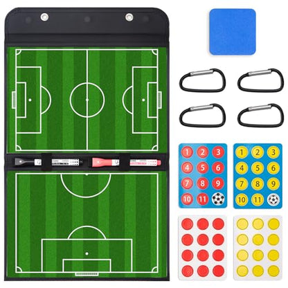 WISYOK Leather Covered Magnetic Soccer Lineup Board, Foldable and Portable Clipboard for Coaches with 48 Cards, 2 Markers, 4 Hooks and 1 Organizer Bag - style: Soccer Leather