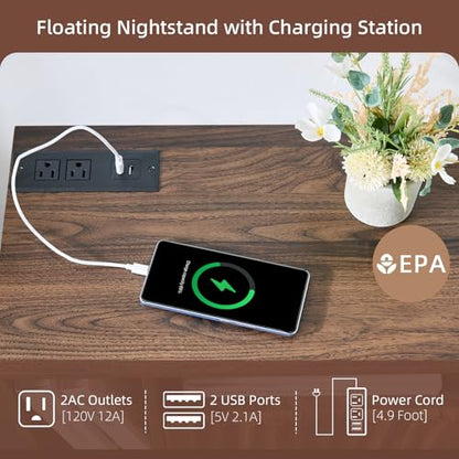 BuildHom Floating Nightstand with Charging Station, Walnut Fluted Wall Mounted NightStand with Drawers, Bedside with USB Ports and Outlets, Bedroom Furniture (Set of 2) - color: Walnut, size: Set of 2