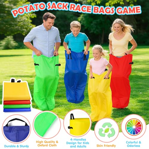 77 Pcs Potato Sack Race Bags, 8-in-1 Outdoor Carnival Games for Kids and Adults, Bean Bags Ring Toss, Tug of War Rope, Megaphone, Field Day Games for Lawn, Backyard, School, Birthday, Family, Beach