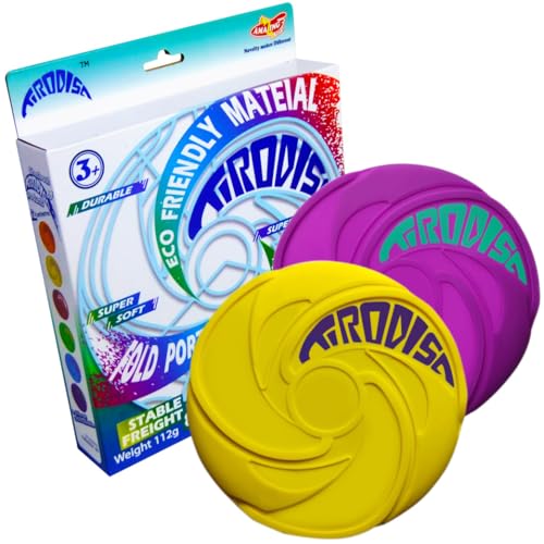 AMAZING TOYZ Tirodisc Frisbee 2-Pack- 20cm Easy Catch Foldable Pocket Flying Disc, Soft Silicone for Kids/Adults Beginner, Waterproof Beach Pool Outdoor Gift Age3+ - color: Purple and Yellow