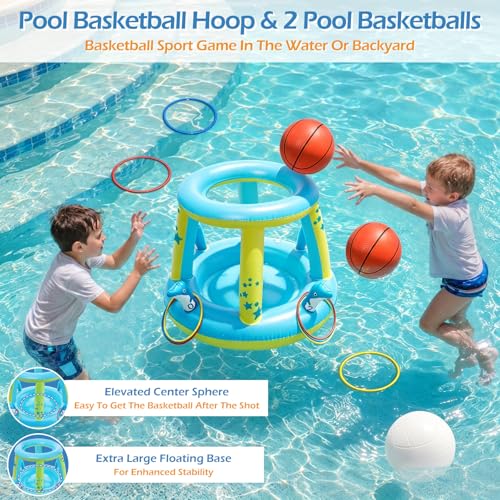Jasonwell Pool Toys Games Set - 3 in 1 Pool Volleyball Net Basketball Hoop Ring Toss Game Inflatable Floats Water Floating Volleyball Swimming Pools Games Party Gift for Kids Adults (Blue&Yellow, XL) - color: Blue&yellow, size: X-Large