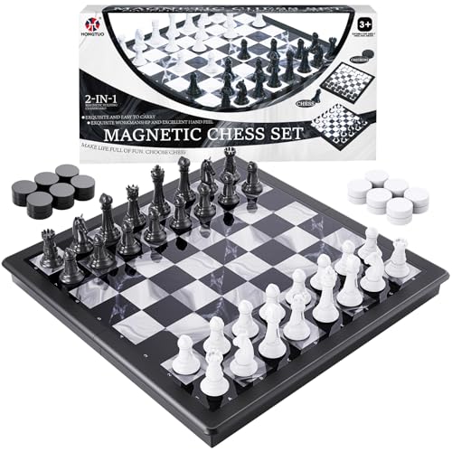 2-in-1 Chess Set and Magnetic Checkers Set - Foldable 13-inch Travel Board Game, Durable Plastic, Puzzle and Strategy Toys for Kids and Adults - color: Black and White