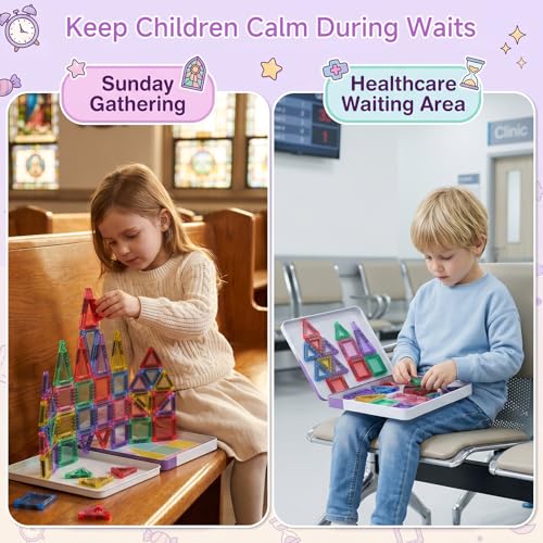 Magnetic Tiles for Kids Travel: 40pcs Portable Mini Building Toy - 30-Sec Iron Case Opens Into 10.6-Inch Play Board - STEM Gift for Toddlers Ages 3-6 - Airplane Road Trip Restaurant - style: 40PCS Purple