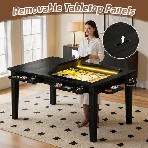 Haddockway Board Game Table with Adjustable Led Lights, 53.7in x 30.7in Play Area Removable Table Top Dining/Gaming Table with Charge Station, Play Mat, 6 Cup Holders & Trays (Black) - color: Black With Led Light