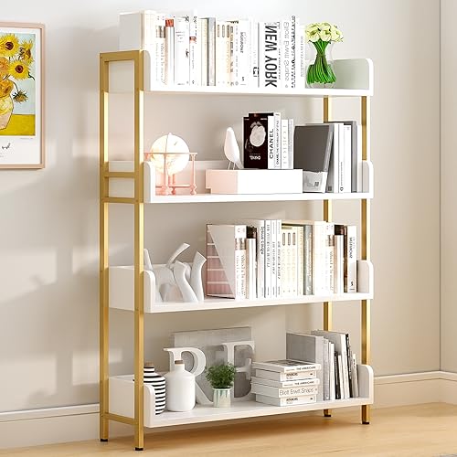 OSCHF Wide Open Shelf Bookcase - Modern 4-Tier Floor Standing Display Bookshelf with Three-Side Baffles for Home and Office, Storage Shelving in Warm White with Gold Frame - color: Gold + White, size: 4-Tier