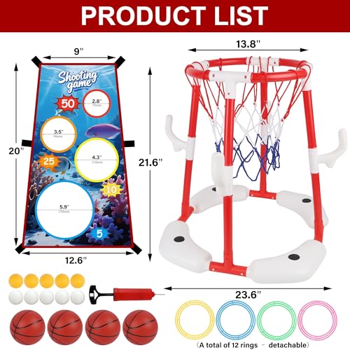 yofit 3-in-1 Pool Basketball Hoop Set, Floating Pool Toys with 14 Balls 12 Rings Toss Games Pump, Outdoor Summer Basketball Game at Swimming Poolside for Kids Ages 4-12 Adults Family Fun - color: Red