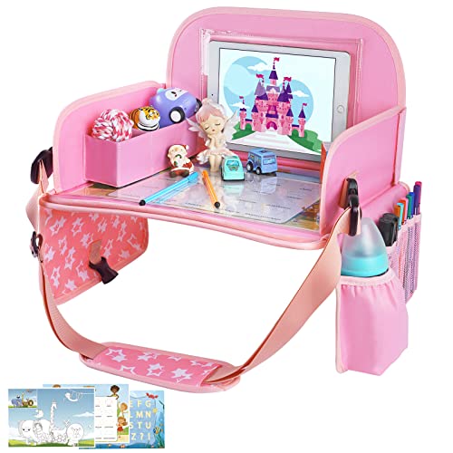 MENZOKE Kids Travel Tray for Toddler Car Seat, Road Trip Activities for Kids with iPad Holder Stand & Dry Erase Board, Road Trip Essentials Accessories Lap Tray as Travel Gifts for Kid, Pink - color: Ariel PinkStar