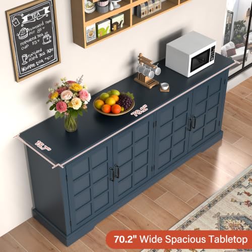 Bigbiglife 70.2" Wood Buffet Cabinet, Farmhouse Buffet Sideboard Cabinet with 4 Doors and Adjustable Shelves, Coffee Bar Wine Bar Storage Cabinet for Kitchen, Living Room, Blue - color: Blue