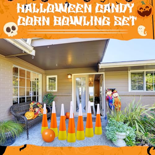 11 Pcs Candy Corn Inflatable Bowling Set Including 13.4 Inches Ball and 10 Pcs 21.6 Inches Bowling Pins for Adults Halloween Fall Carnival Festival Party Game Supplies