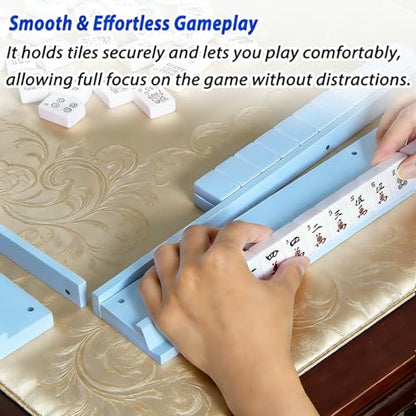 4 PCS Mahjong Racks with Pushers, Blue Wooden Mahjong Racks with Detachable Magnetic Pushers, Mahjong Tile Pushers and Racks, Includes Chips, Dice & Storage Bags, Mahjong Accessories (19.68 Inch) - color: Blue