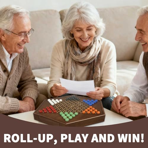 Chinese Checkers Board Game - 15” Large Wooden Checkers Game with Storage Drawer, 16mm Glass Marbles (60 + 12 Extras), Classic Family Strategy Game for 2-6 Players - size: 15"