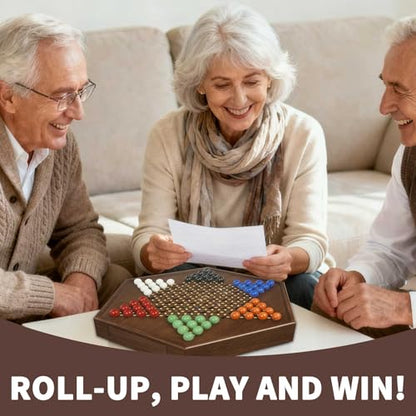 Chinese Checkers Board Game - 15” Large Wooden Checkers Game with Storage Drawer, 16mm Glass Marbles (60 + 12 Extras), Classic Family Strategy Game for 2-6 Players - size: 15"