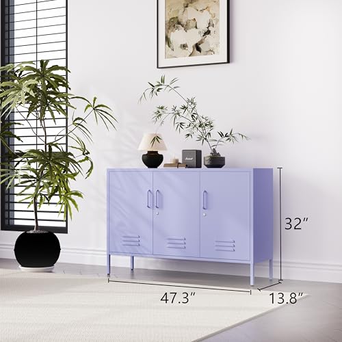 32" Wide 3-Door Lockable Metal Storage Cabinet with Accent Cabinet Locker, Heavy Duty Home Tool Cabinet, 2 Removable Shelves & Easy Assembly, for Home, Office, Entryway and Hallway Purple - color: Lilac, style: Cabinet-32"H-WL