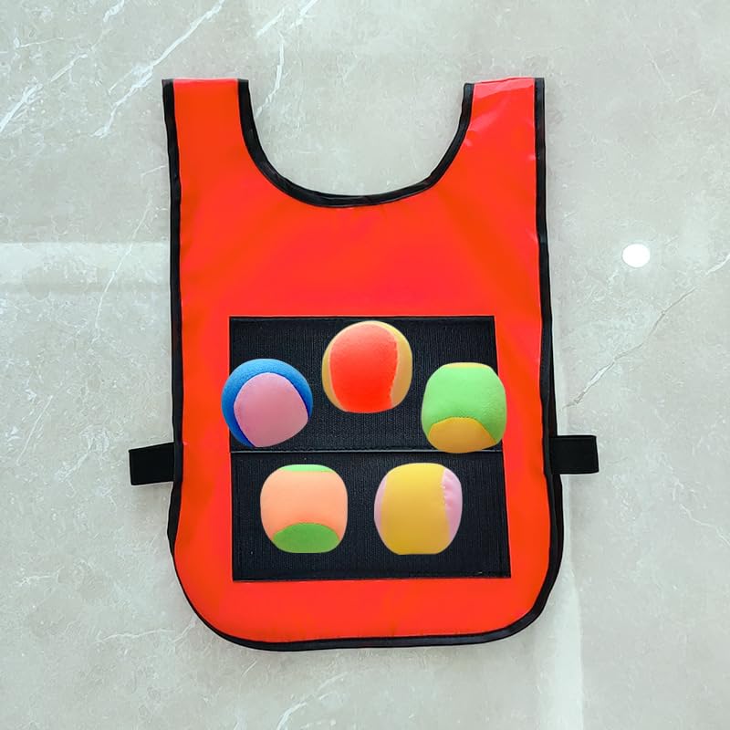Pomya Kids Sticky Ball Vest Set | Hook and Loop Dodgeball Game with 5 Balls, 29x42cm Red Double Sided Vests for Outdoor Throwing Toys