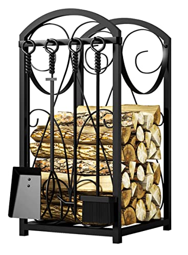Kingson Firewood Rack Indoor Wood Holders Fireplace Tool Rack Outdoor Log Holder Rack Lumber Storage Stacking Fireplace Tools Set Wood Stove Accessories Black