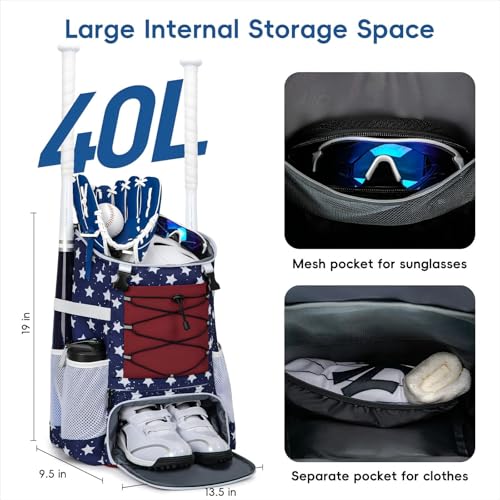 KAVIGOR Baseball Bag for Youth and Adult, Softball Backpack 40L Large Capacity, Bat Backpack with Shoes Compartment and Hidden Helmet Holder - color: Red White & Blue