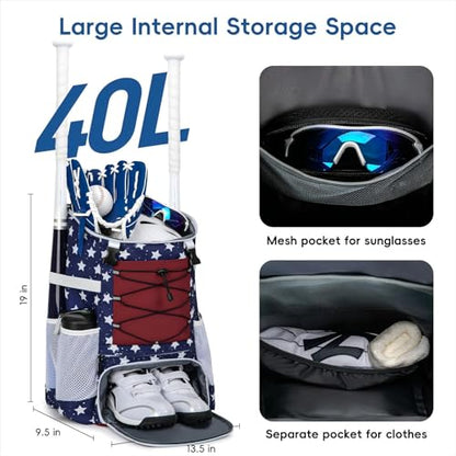 KAVIGOR Baseball Bag for Youth and Adult, Softball Backpack 40L Large Capacity, Bat Backpack with Shoes Compartment and Hidden Helmet Holder - color: Red White & Blue