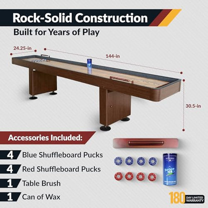 Hathaway Challenger Shuffleboard Table for Family Arcade Game Room - with Poly-Coated Playfield, Built-in Scorer & Cabinet, Climate Adjusters, Leg Levelers, 8 Pucks, Brush & Wax - Walnut Finish - size: 12-foot