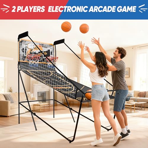 Basketball Arcade Game Shot Creator Indoor Foldable Electronic Double Shootout Sport Game Official Home Dual Shot Basketball 2 Player with 4 Balls (Black Gold) - color: Black Gold