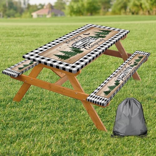 3PCS Picnic Table Cover with Bench Covers Elastic Edges, Farm Plaid Camping RV Waterproof Windproof Tablecloth with Drawstring Bag, Outdoor Patio Camping Essentials, 60in, Black White - color: Camping, size: 30X60inch