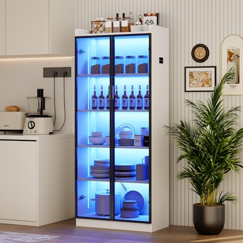 Dystler Display Cabinet with Doors and Adjustable Shelves, 65" Tall Bookcase with LED Lights/Human Sensor, 5 Tier Display Case for Collectibles Bedroom Living Room Office, White - color: White