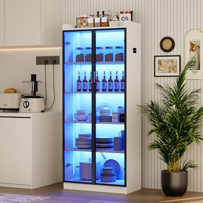Dystler Display Cabinet with Doors and Adjustable Shelves, 65" Tall Bookcase with LED Lights/Human Sensor, 5 Tier Display Case for Collectibles Bedroom Living Room Office, White - color: White