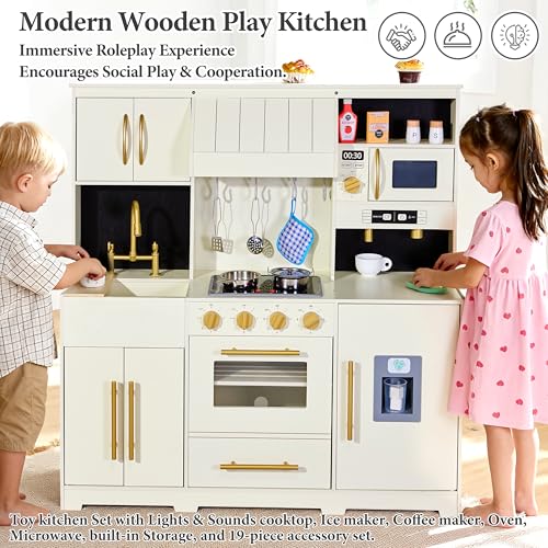 inFUNSAME Wooden Play Kitchen for Kids with Lights and Sounds,19 Accessories,Modern Design Upgraded Interactive Pretend Toddler Toy Kitchen PlaySet, Gift for Boys & Girls Ages 3+ (Cream White) - color: Cream White
