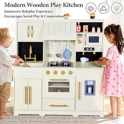 inFUNSAME Wooden Play Kitchen for Kids with Lights and Sounds,19 Accessories,Modern Design Upgraded Interactive Pretend Toddler Toy Kitchen PlaySet, Gift for Boys & Girls Ages 3+ (Cream White) - color: Cream White