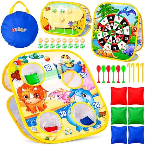 3 in 1 Bean Bag Toss Game for Kids, Dinosaur Cornhole Board with Magnetic Dart Board, Sticky Ball Tic Tac Toe, Outdoor Toys for Kids Ages 3-8, Backyard Beach Party Games Birthday Gifts for Boys Girls