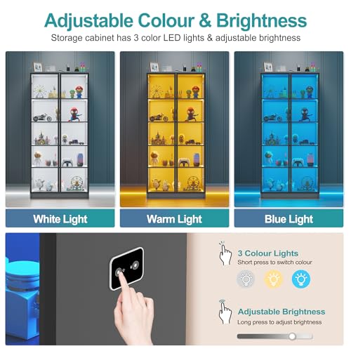 Lvifur 65" Display Cabinet with Lights, 5 Tier Curio Cabinets Bookcase with Adjustable Shelves, Tall Storage China-Cabinet with Human Body Induction for Living Room, Gift for Father (Grey) - color: Grey