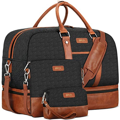 Weekender Bag for Women, Large Overnight Bag Canvas Travel Duffel Bag Carry On Tote with Shoe Compartment 21" 3Pcs Set - color: A12-brown+black
