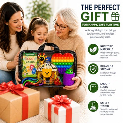 Kids Travel Activity Kit, 10-in-1 Montessori Busy Board, LCD Writing Tablet, Wooden Puzzle, Flash Cards & Sensory Fidget Toys, Screen-Free Travel Toys, Gift for Kids Ages 3–10