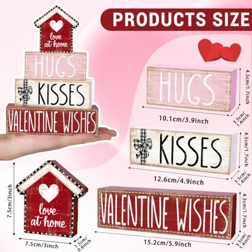 DIYDEC 4Pcs Valentine's Day Table Decoration Valentine House Wooden Block Signs Rustic Valentine Tiered Tray Decor Valentines Day Centerpiece Sign for Farmhouse Holiday Tabletop Home Party Decor - style: Valentine House