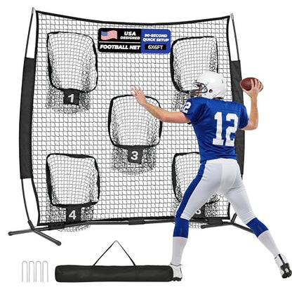 7x7ft/8x8ft Football Throwing Net, Quarterback Training Equipment with 5 Target Pockets, Includes Football, Portable Carry Bag - color: Black, size: 6x6ft