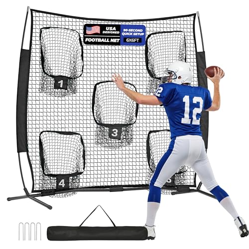 7x7ft/8x8ft Football Throwing Net, Quarterback Training Equipment with 5 Target Pockets, Includes Football, Portable Carry Bag - color: Black, size: 6x6ft